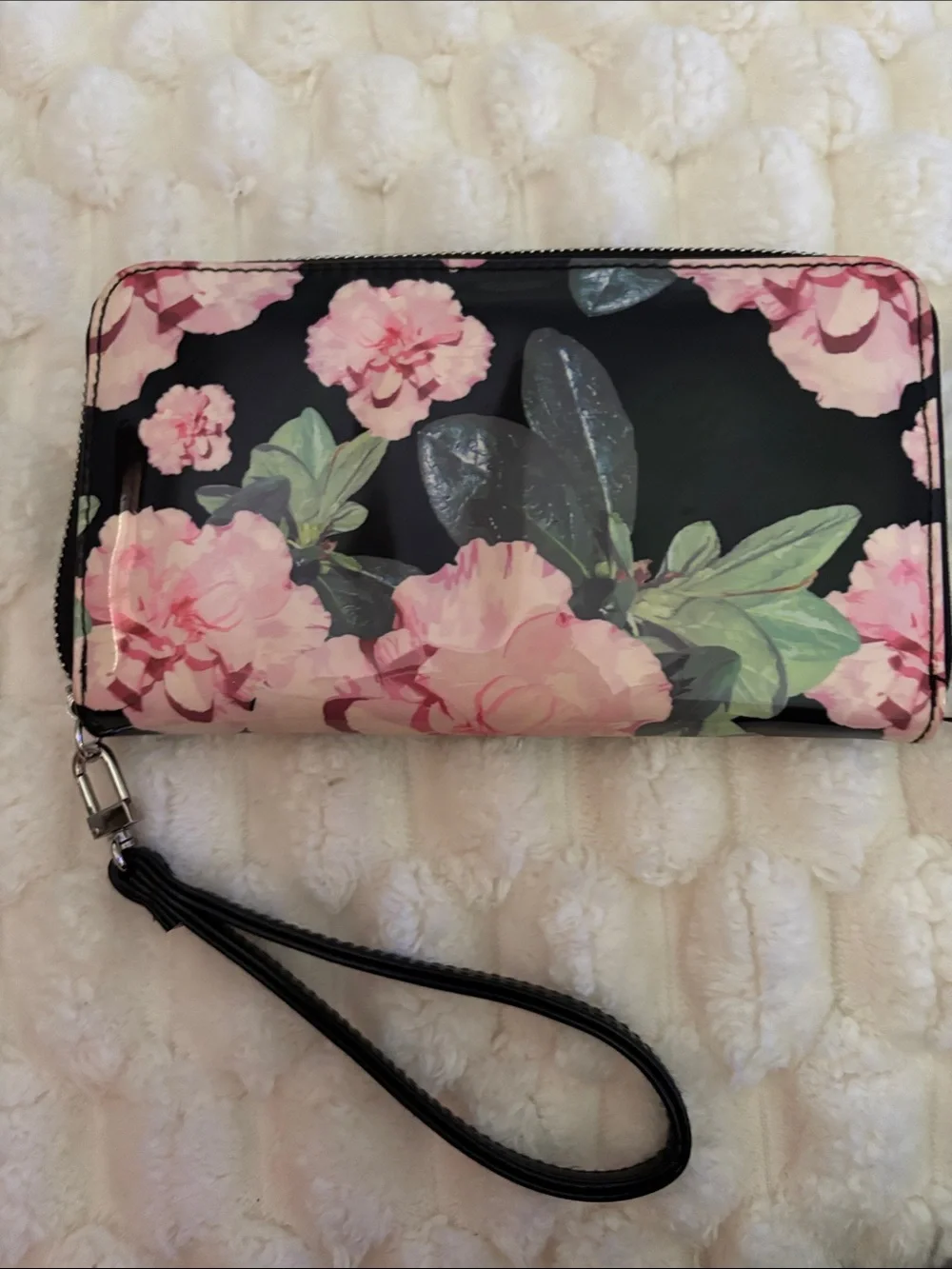 Betsey Johnson Black Patent Floral Wristlet with Pink Roses